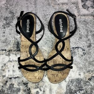 Women’s black strap wedges, size 8